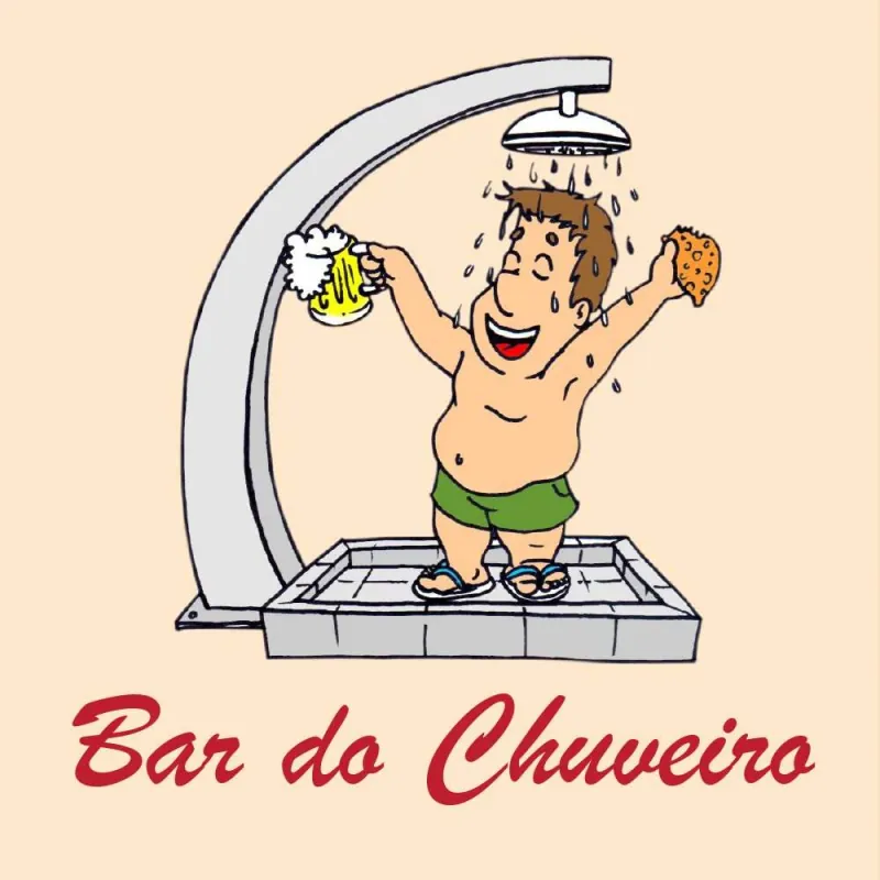 Logotipo antigo do Bar do Chuveiro: um homem se refresca no chuveiro com chope e pastel nas mãos